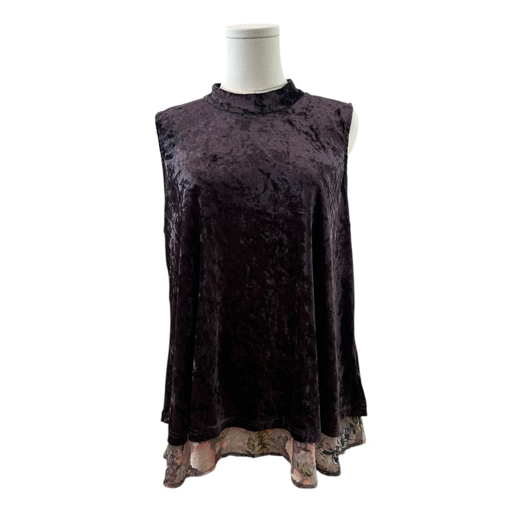 Women's Large Purple Plum Crushed Velvet Floral Chiffon Hem Sleeveless Blouse